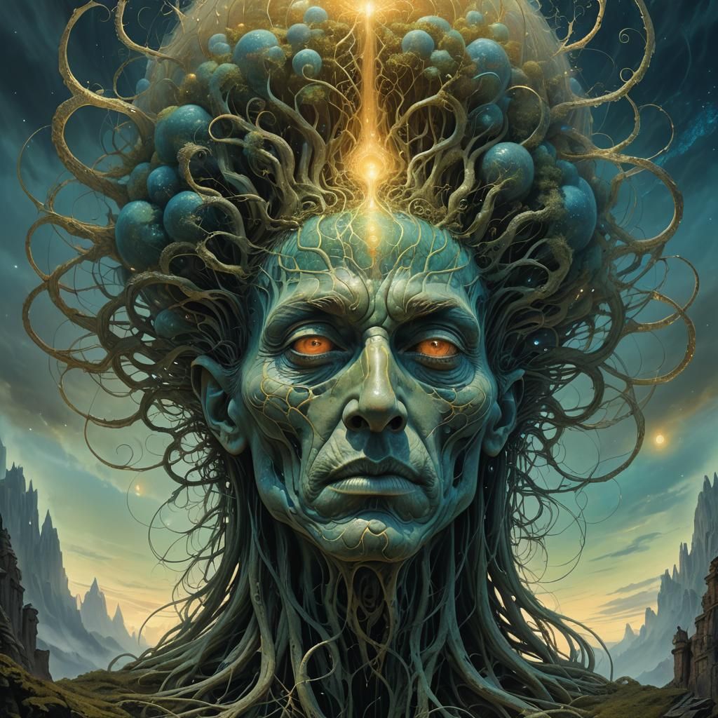 Surreal Alien Head in Ethereal Landscape