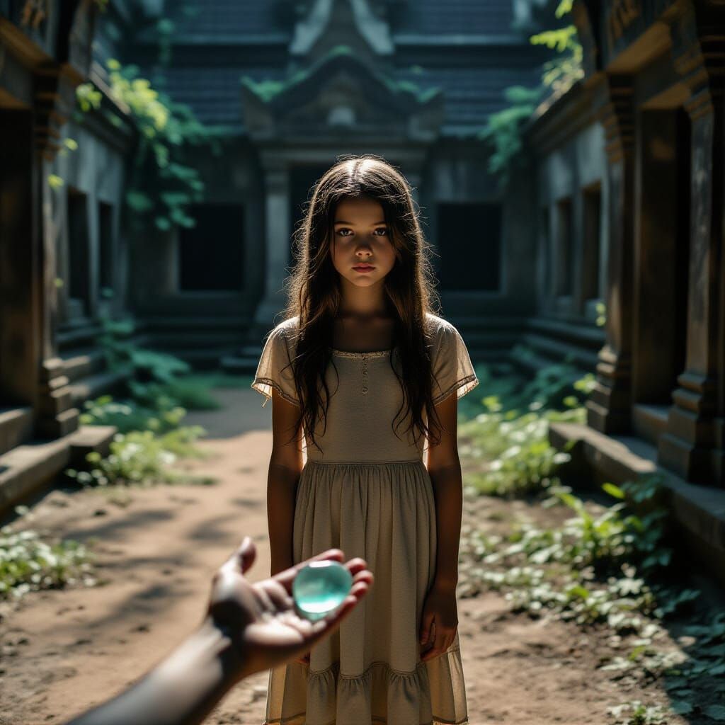 Girl in Tattered Dress in Overgrown Temple Courtyard
