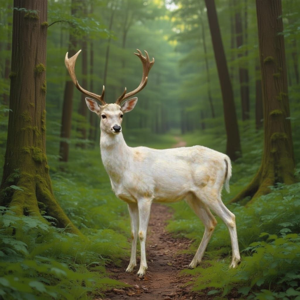 Majestic Deer in Sun-Dappled Forest Clearing