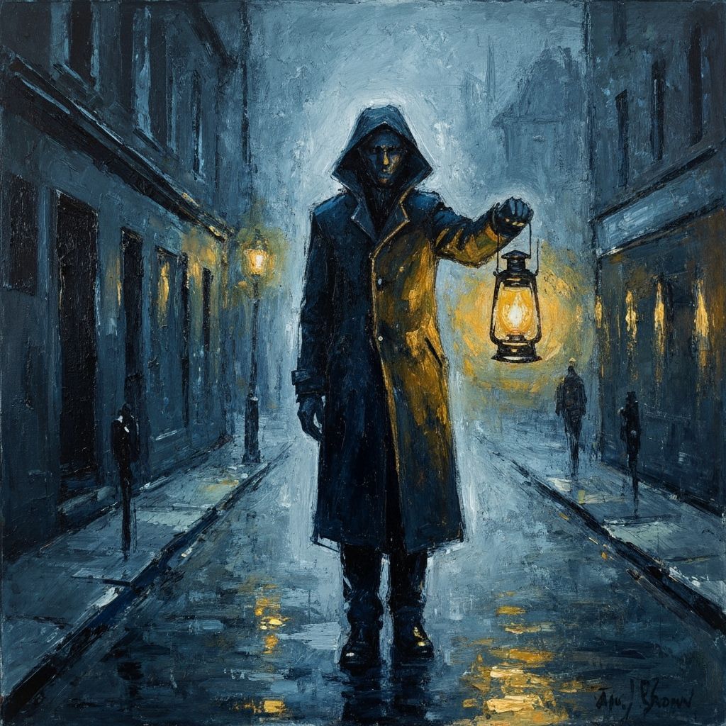 Figure with Lantern on Ominous Street in Emotive Impasto Sty...