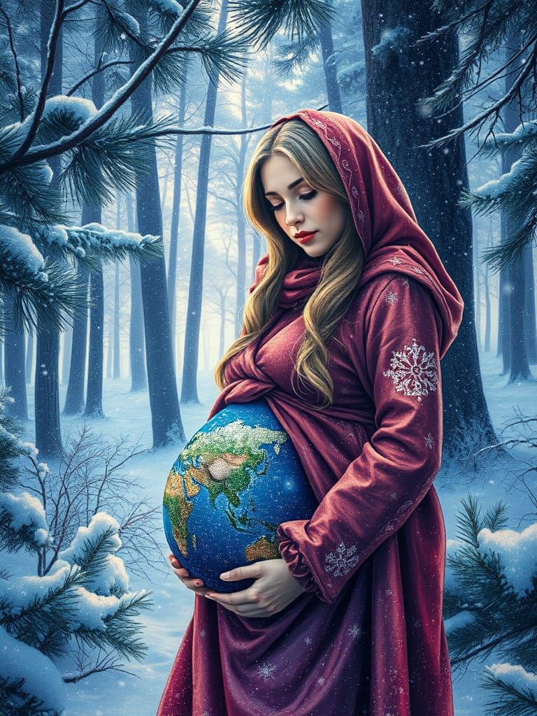 Pregnant Lady in Snowy Forest, Van Gogh Style