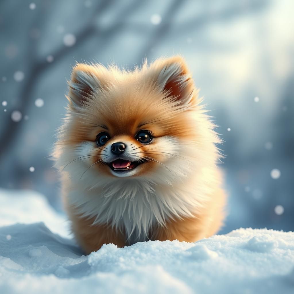 Happy Pomeranian Puppy in Winter Snow, Digital Art