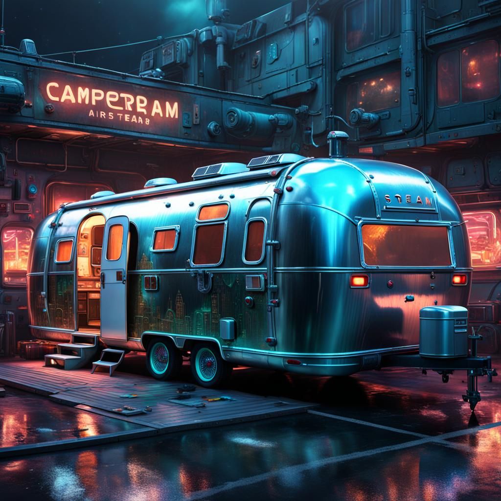 Cyberpunk Airstream Camper: Detailed Matte Painting