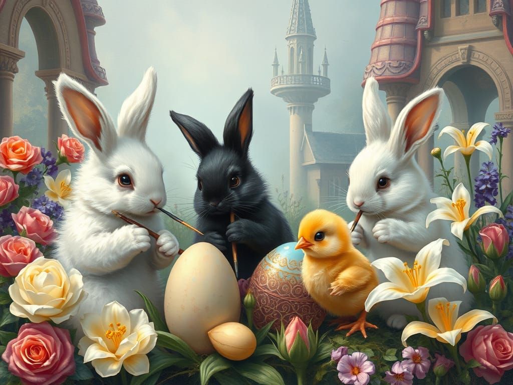 Easter Bunnies Painting Eggs in Fairytale World