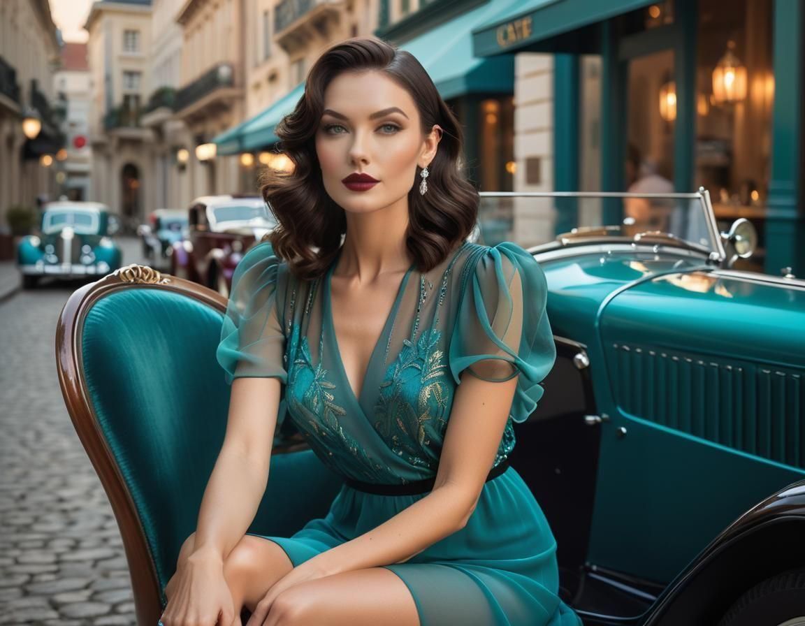Woman Admiring Vintage Car in Art Nouveau Style