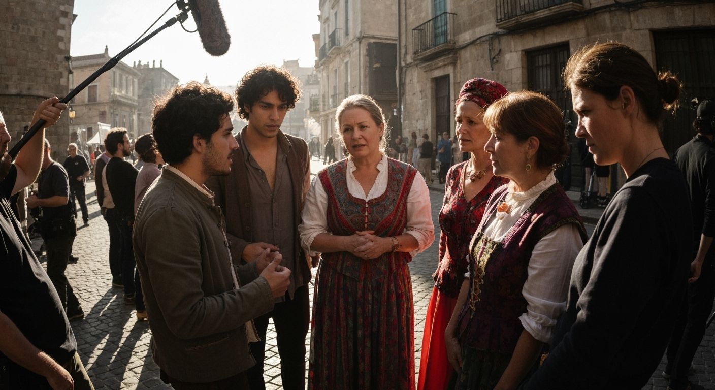 Actors Collaborate on Bustling Film Set