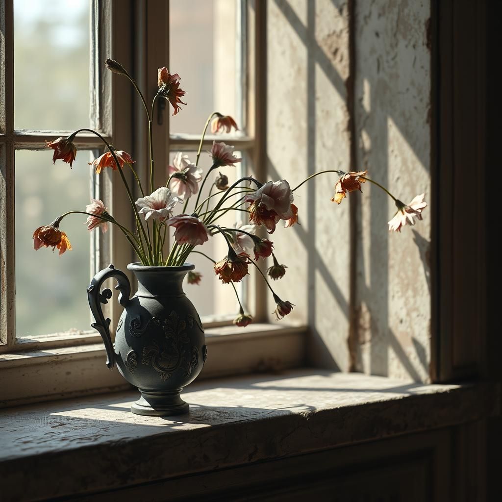Neoclassical Flowers Wilting in Antique Vase