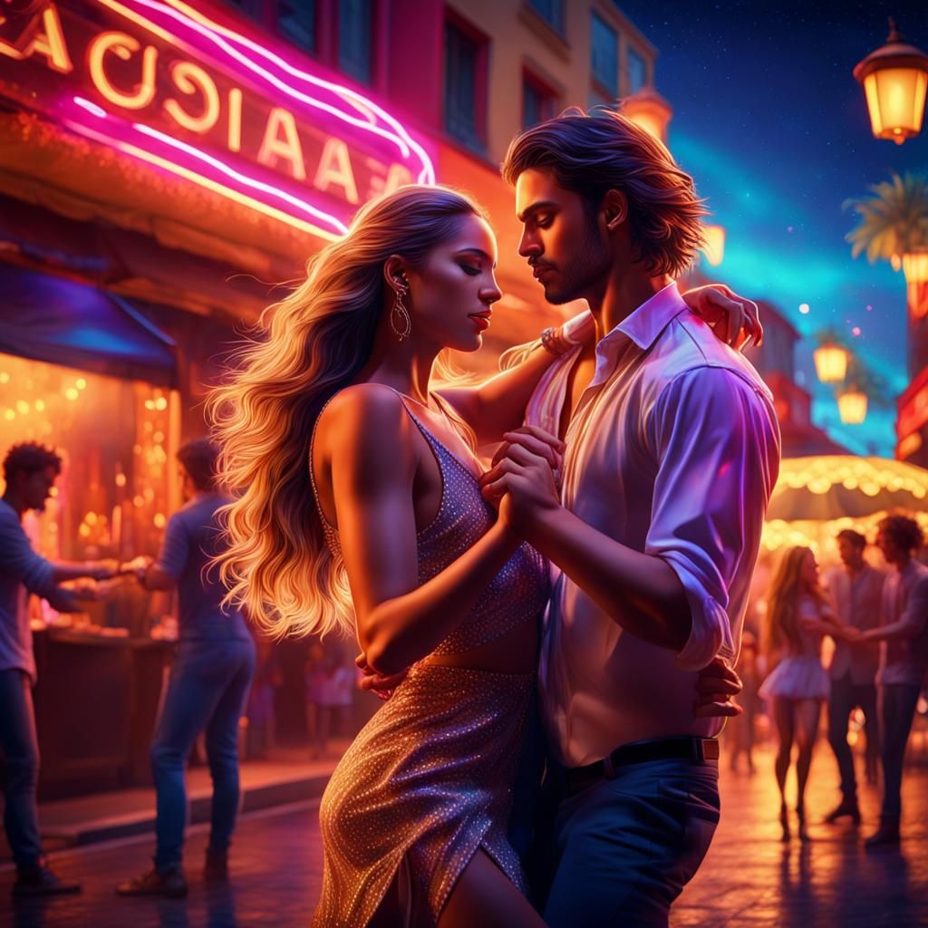 Sensual Bachata Dance in Neon-Lit Street