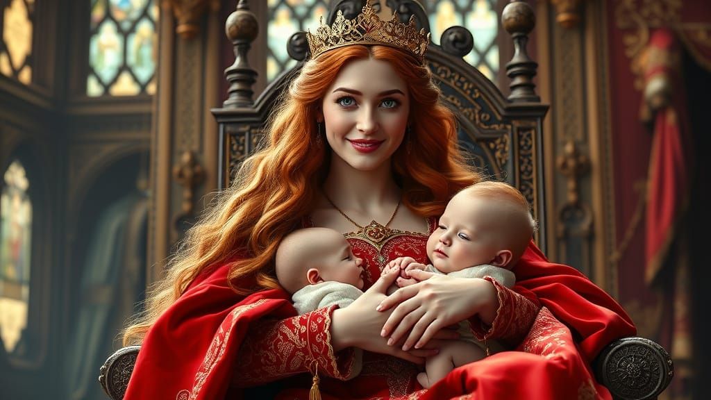 Medieval Princess with Rose Red Hair and Twins
