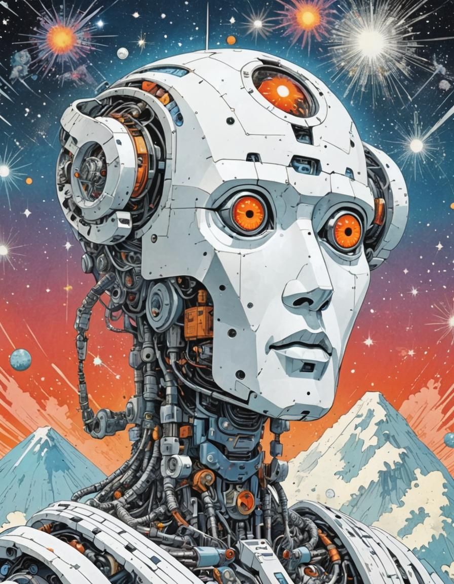 Friendly Robot in Vintage Sci-Fi Ukiyo-e Style