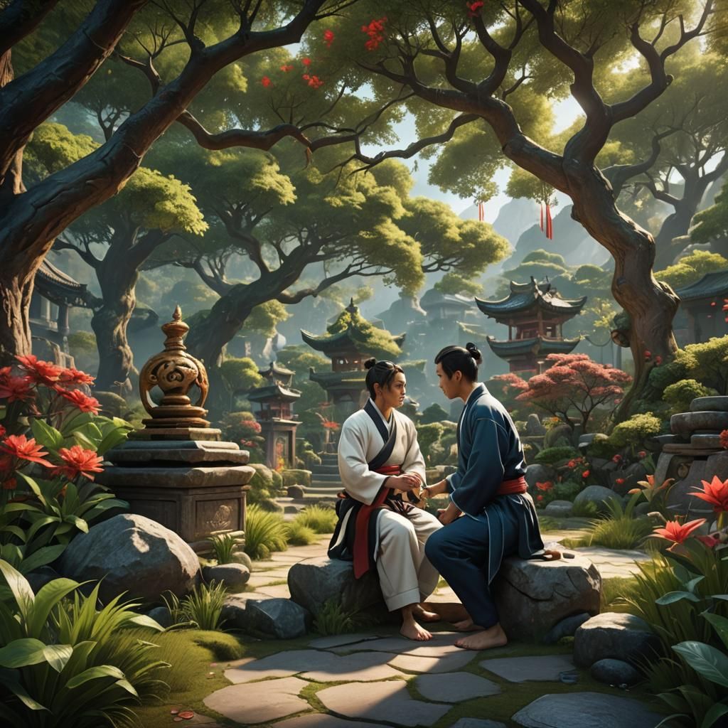 The martial arts student and teacher sharing a quiet moment ...