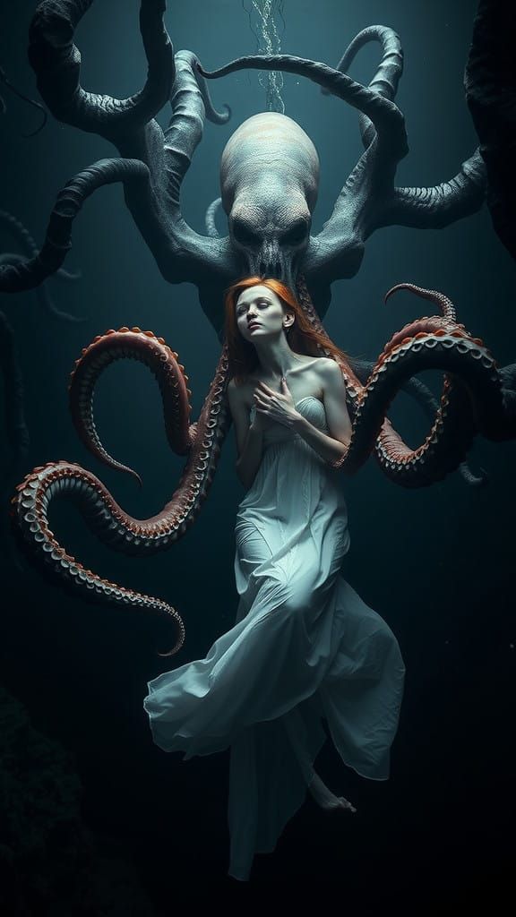 Ethereal Woman in Underwater Forest, Cradled by Tentacled Oc...