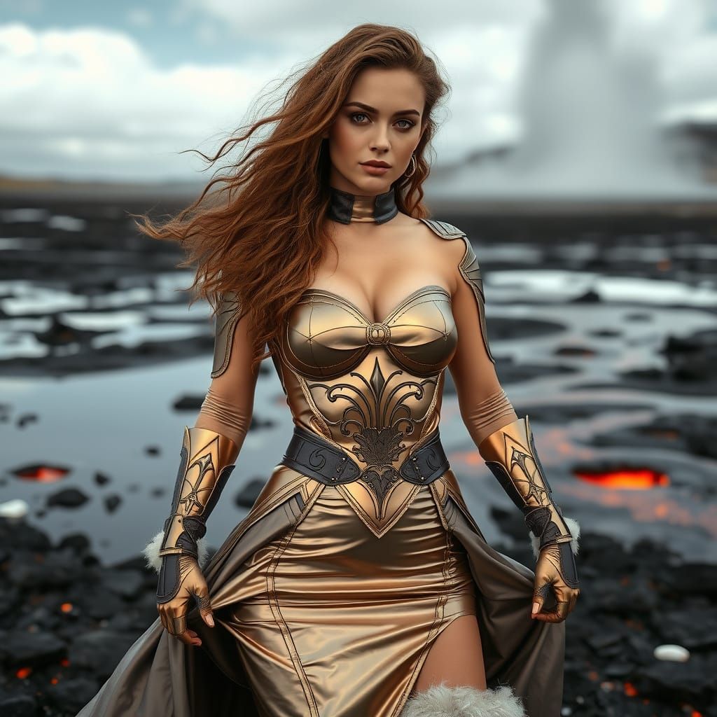 Hyperrealistic Woman in Metallic Latex Armor Stands Proud Ne...