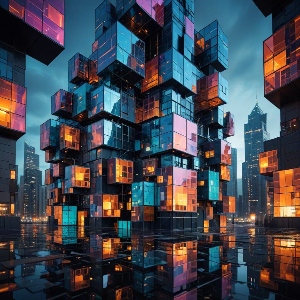 Bold Geometric Cityscape in Futuristic Cubist Style