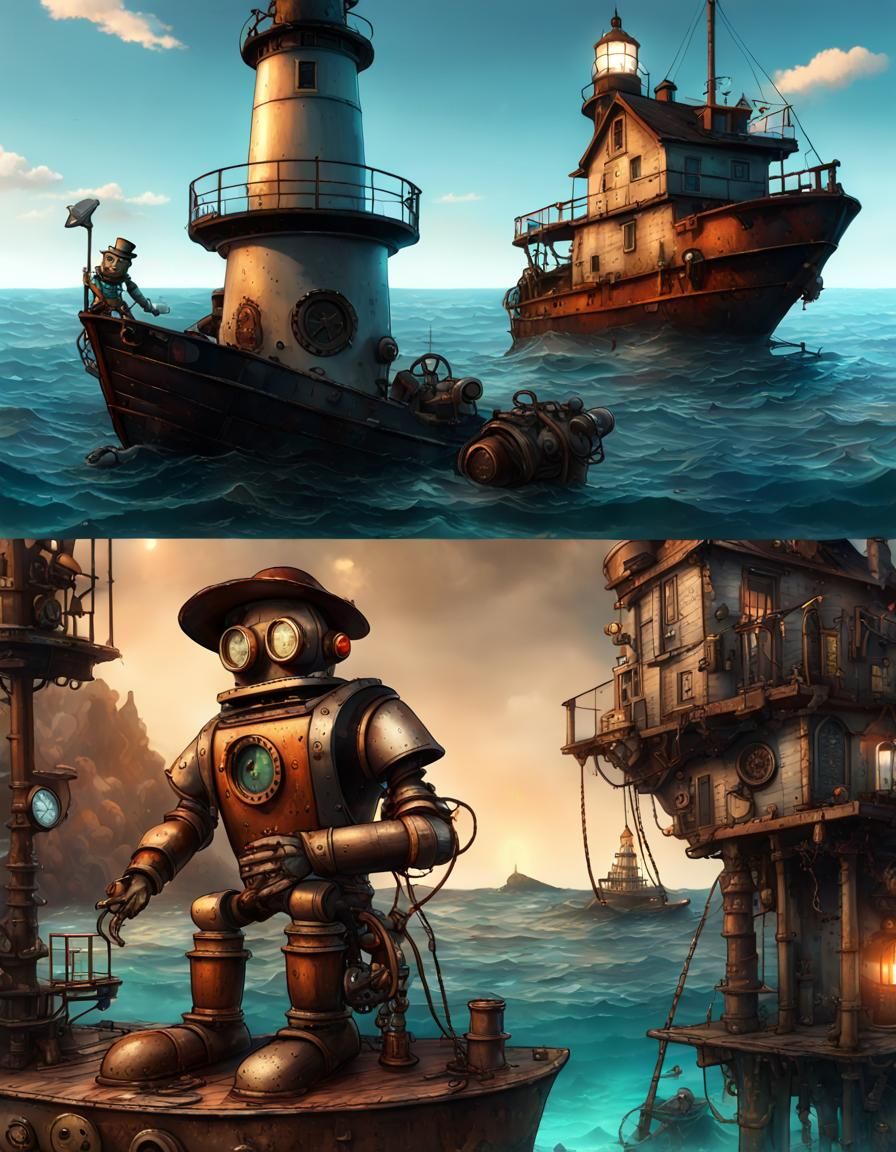 a man standing on top of a boat next to a lighthouse, steampunk robot, comicbook-realism, psytrance artwork, 3d graphics...