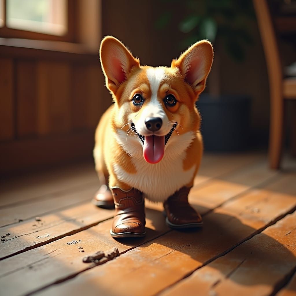 Corgi in Cowboy Boots on Jarrah Floorboards