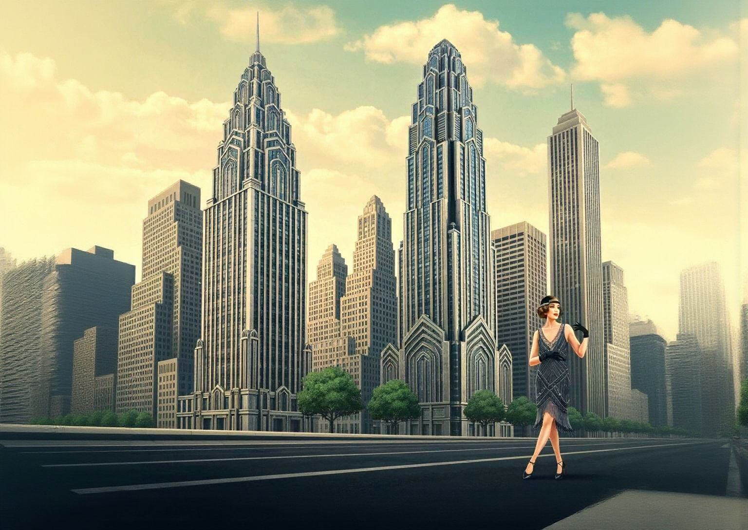 Art Deco Cityscape with Elegant Flapper Lady