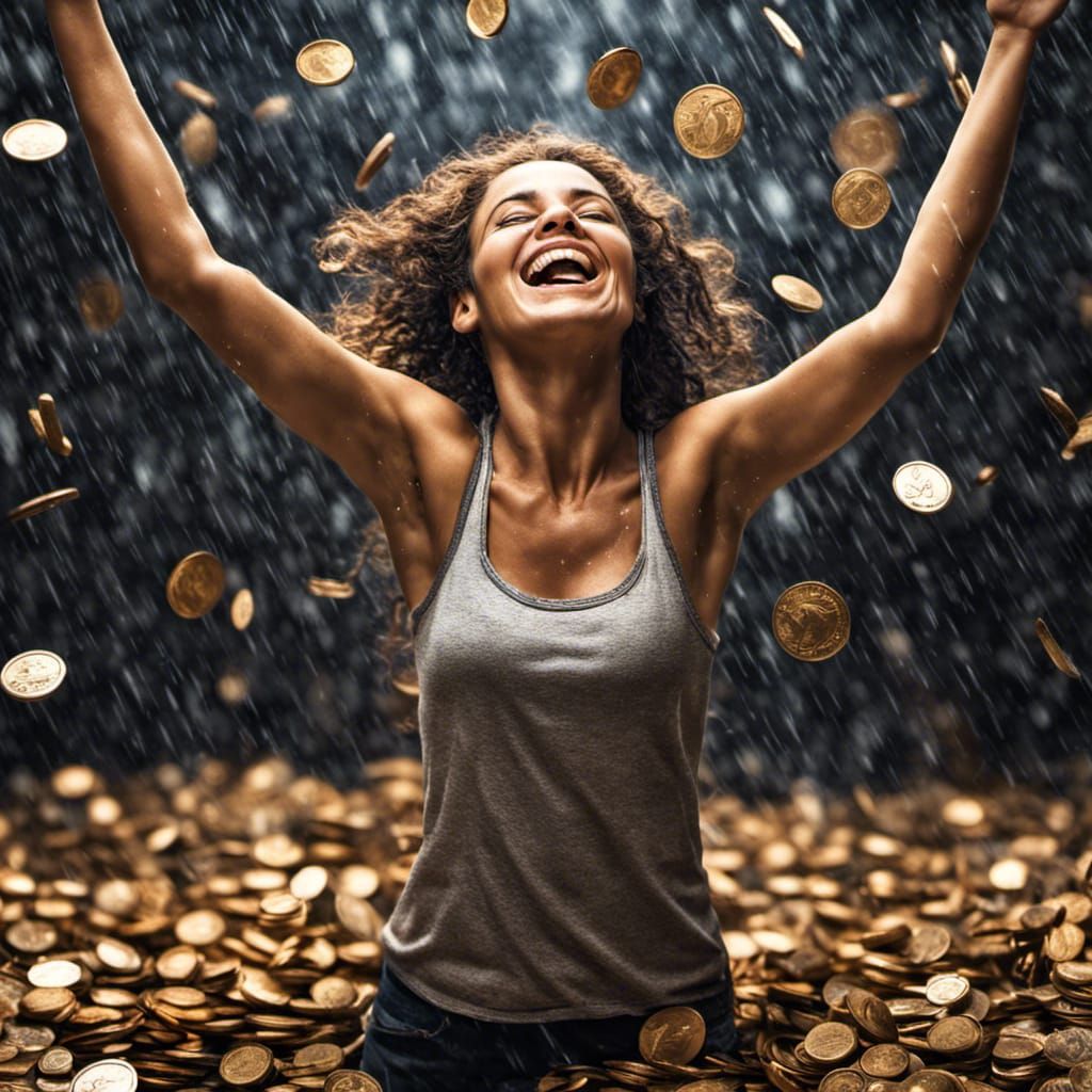 Joyful Woman in a Rain of Coins: Hyperrealistic Image