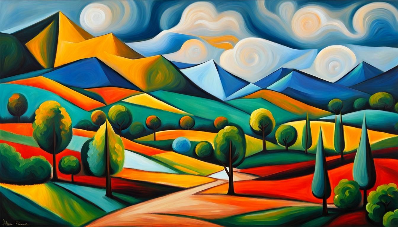 Abstract Landscape Painting in Cubist Style