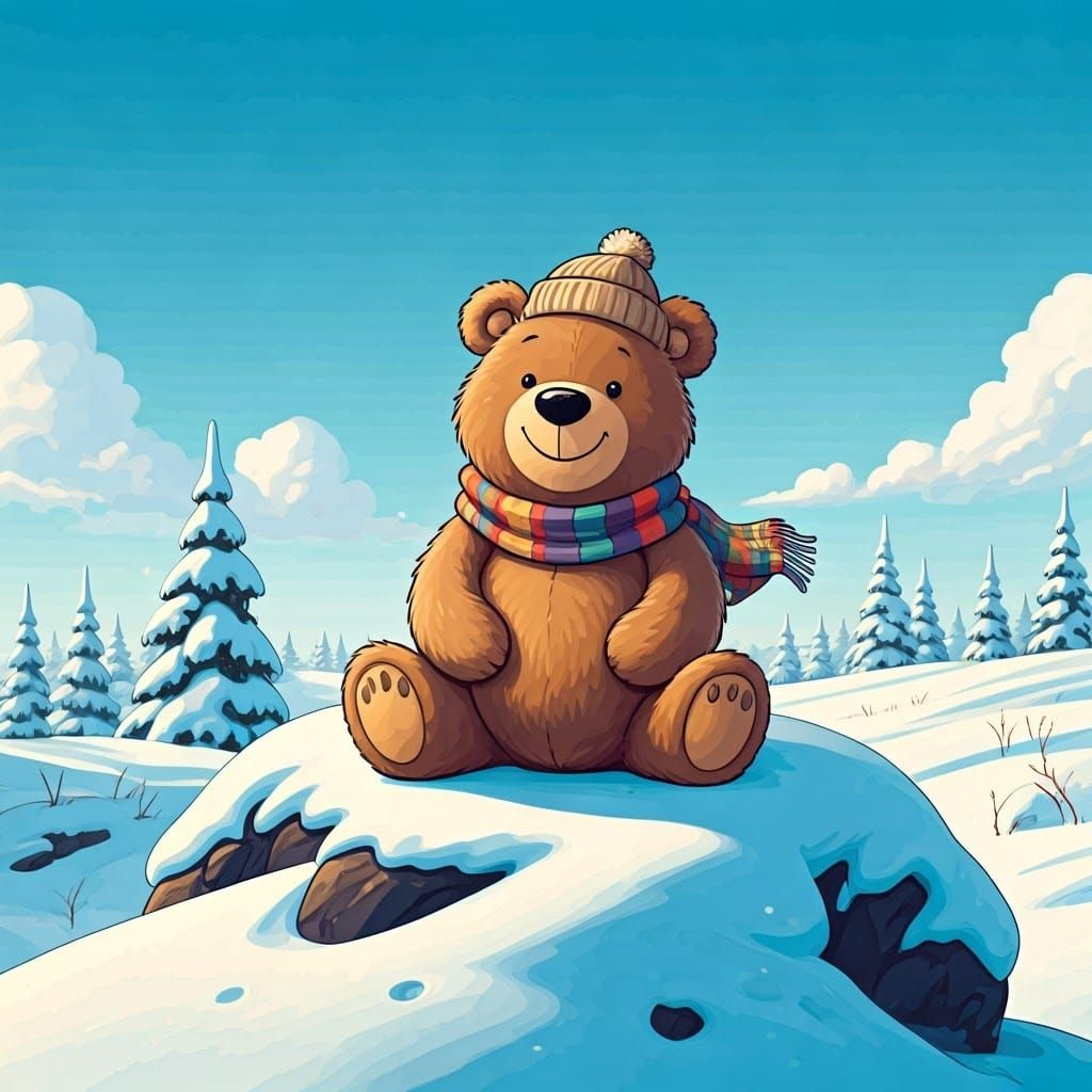 Cheerful Bear in Winter Wonderland, Folk-Art Style
