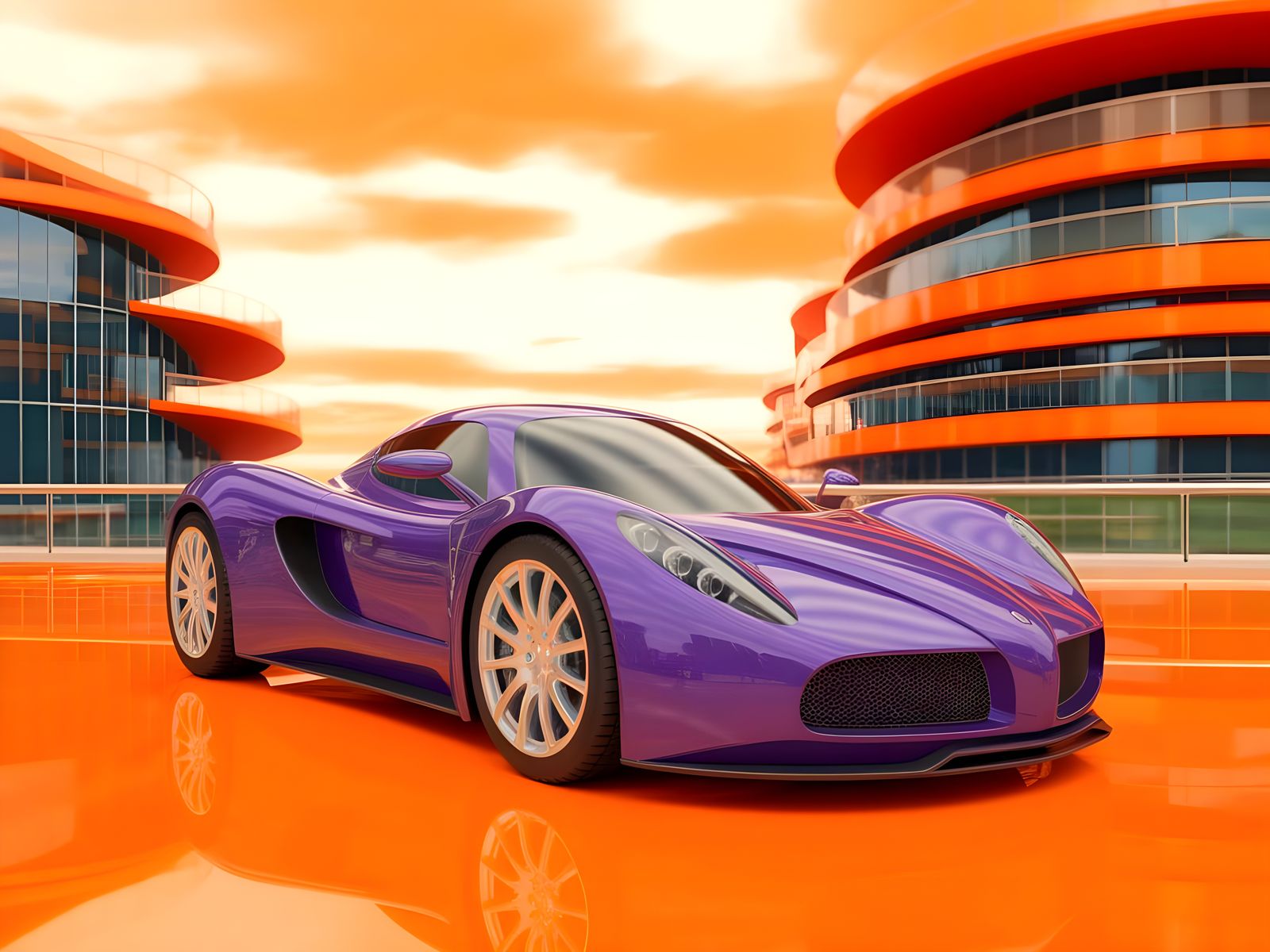 Futuristic Sports Car in a Vibrant Orange Cityscape