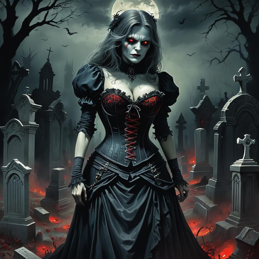 Evil Witch in Haunted Cemetery: Horror Illustration