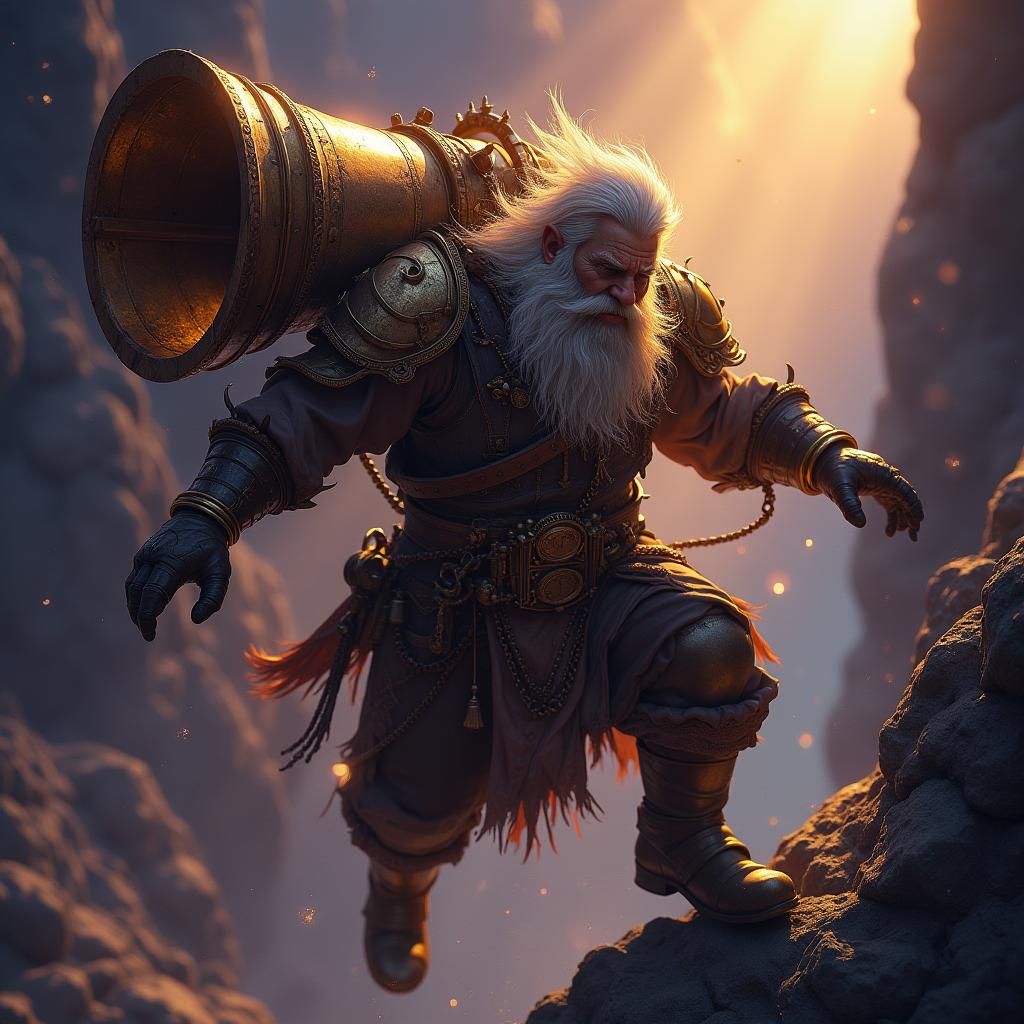 Dwarven Artificer Plummets into Abyss in Dark Fantasy Style