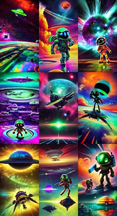 Silver Spaceship in Psychedelic Nebula with Marvin the Marti...