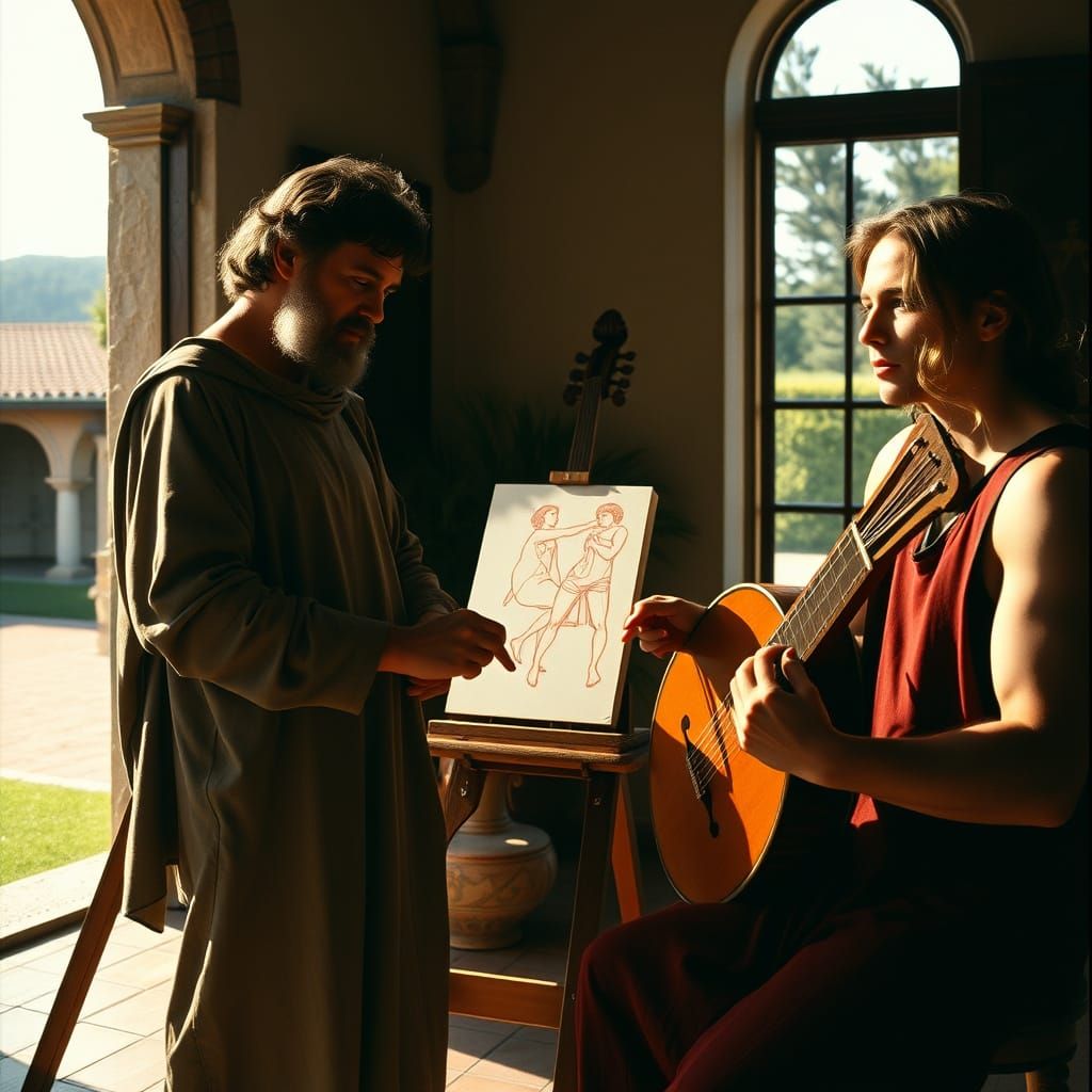 Michelangelo at Easel in Renaissance Villa