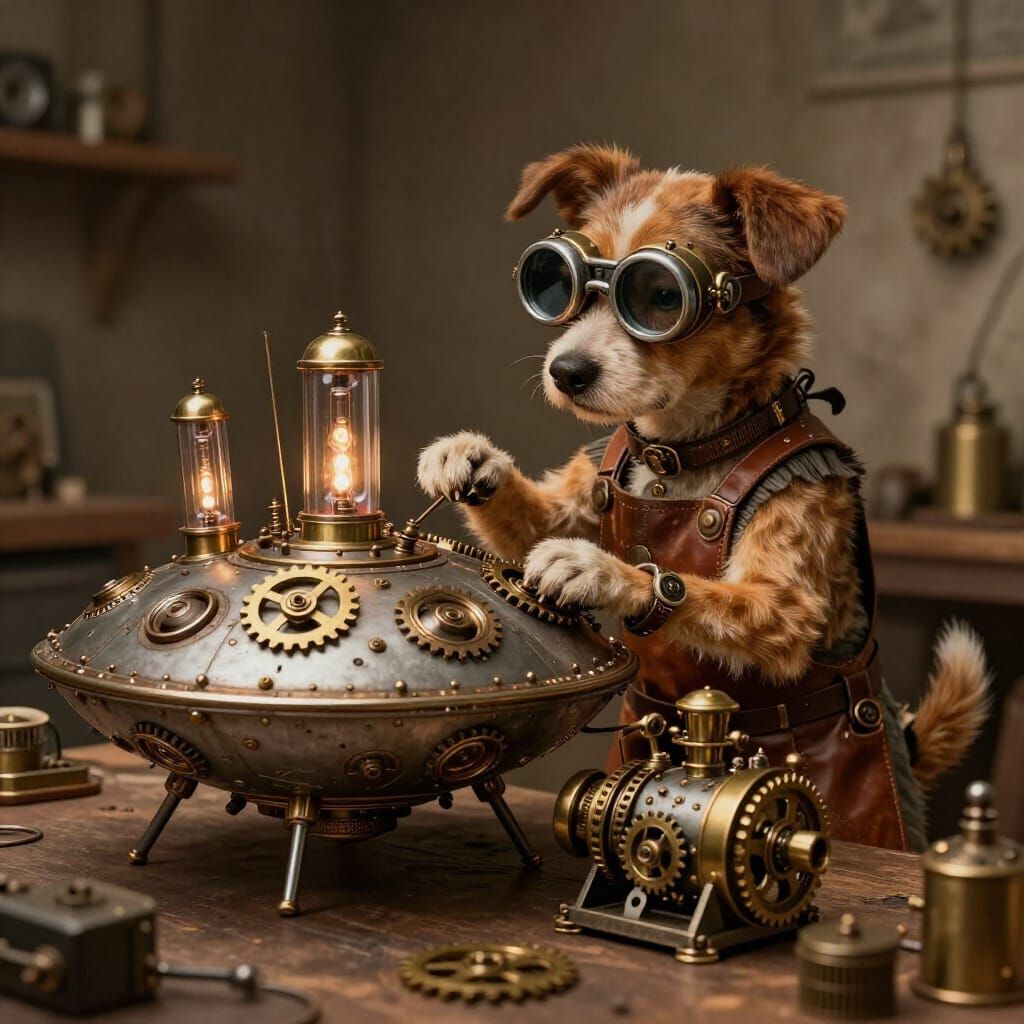 Steampunk Dog Builds UFO in Workshop