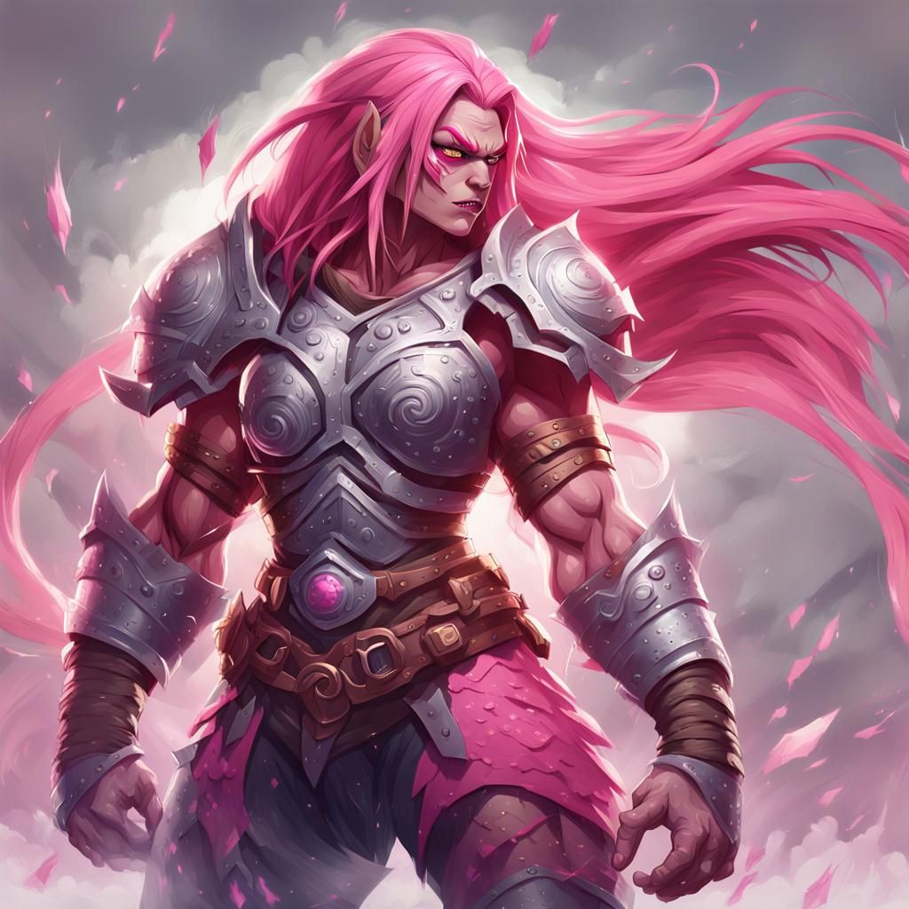Anime Orc Warrior with Flowing Pink Hair