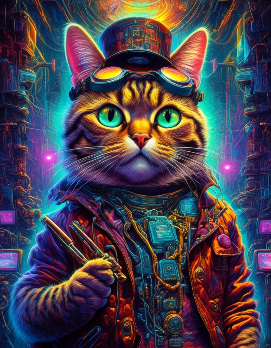 Cyberpunk Cat in Virtual Reality: Surreal Portrait