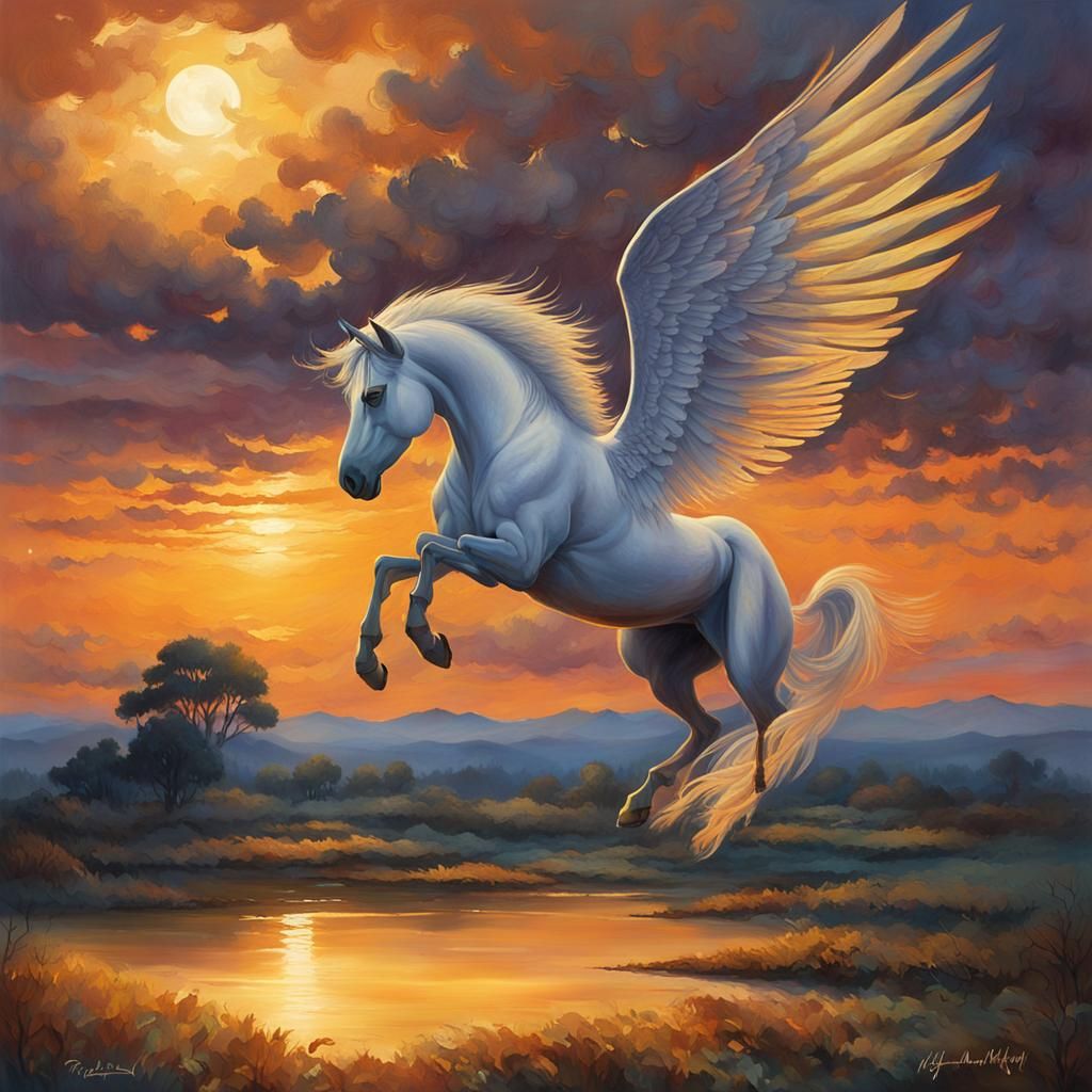 Pegasus Soaring at Sunset: Fantasy Concept Art