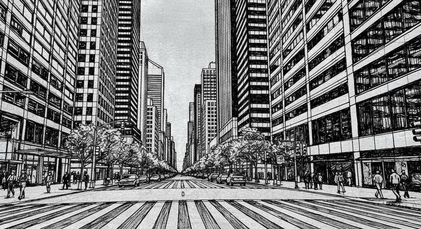 Bustling City Street with Skyscrapers in Cross-Hatch Style