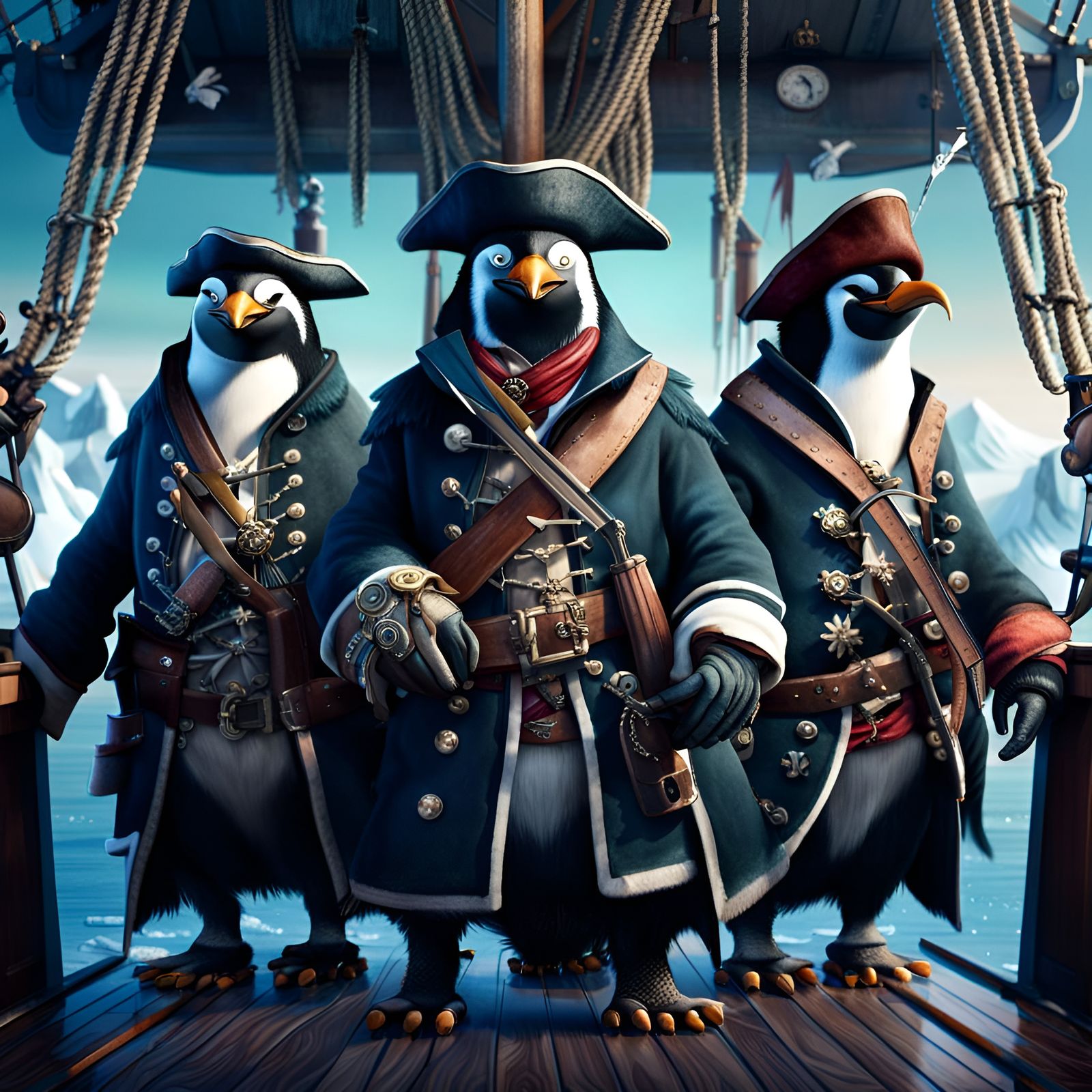 Pirate Penguins Crew Posing on an Icy Ship