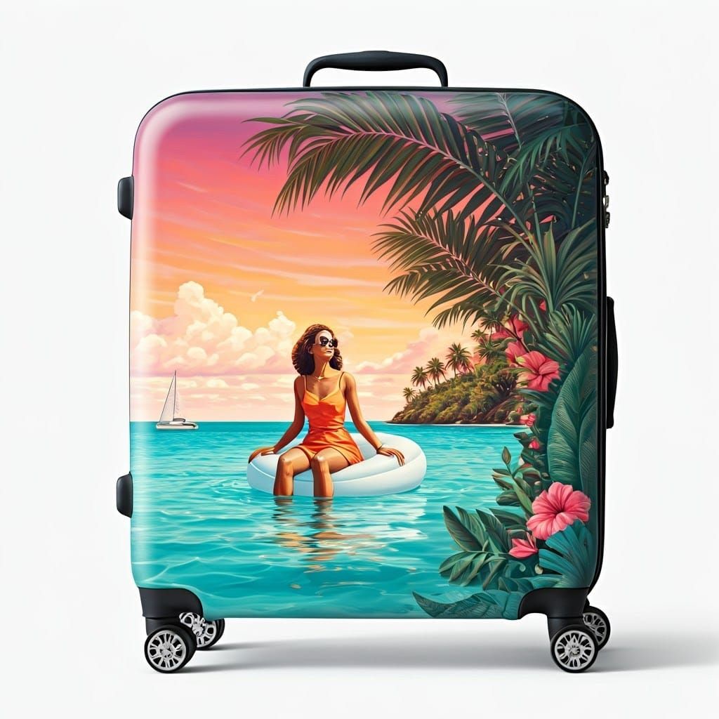 Woman on a Tropical Beach in a Surreal Suitcase Scene