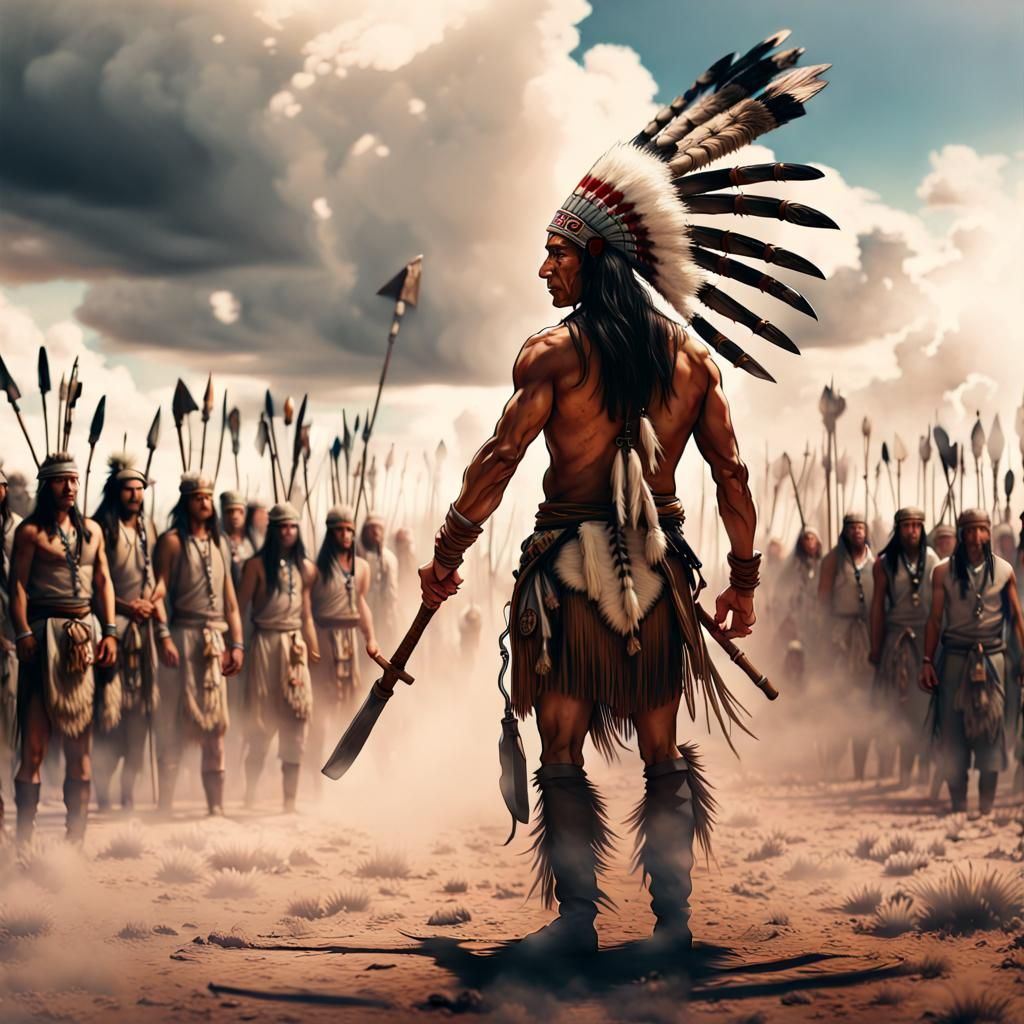 Native American Warrior with Tomahawk on the Plains