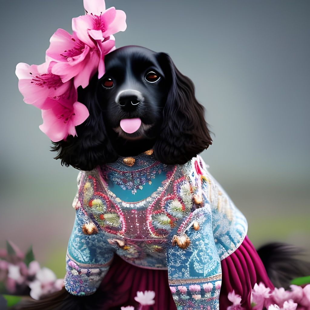 Playful Cocker Spaniel in Cherry Blossoms