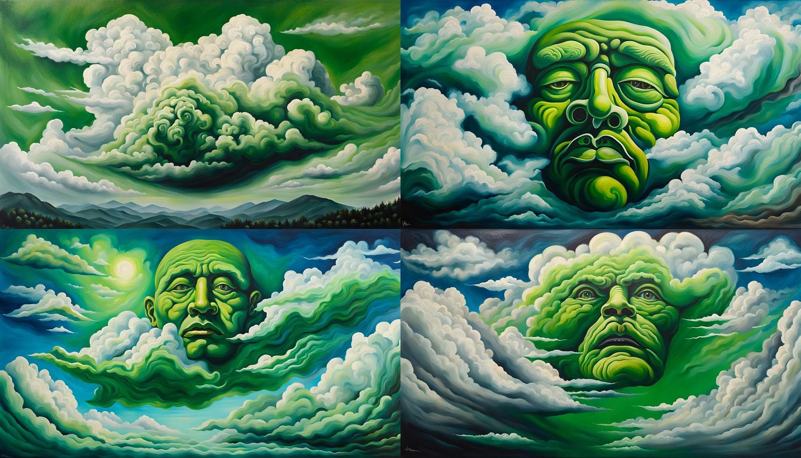 Green Face in Clouds: Abstract Acrylic Painting