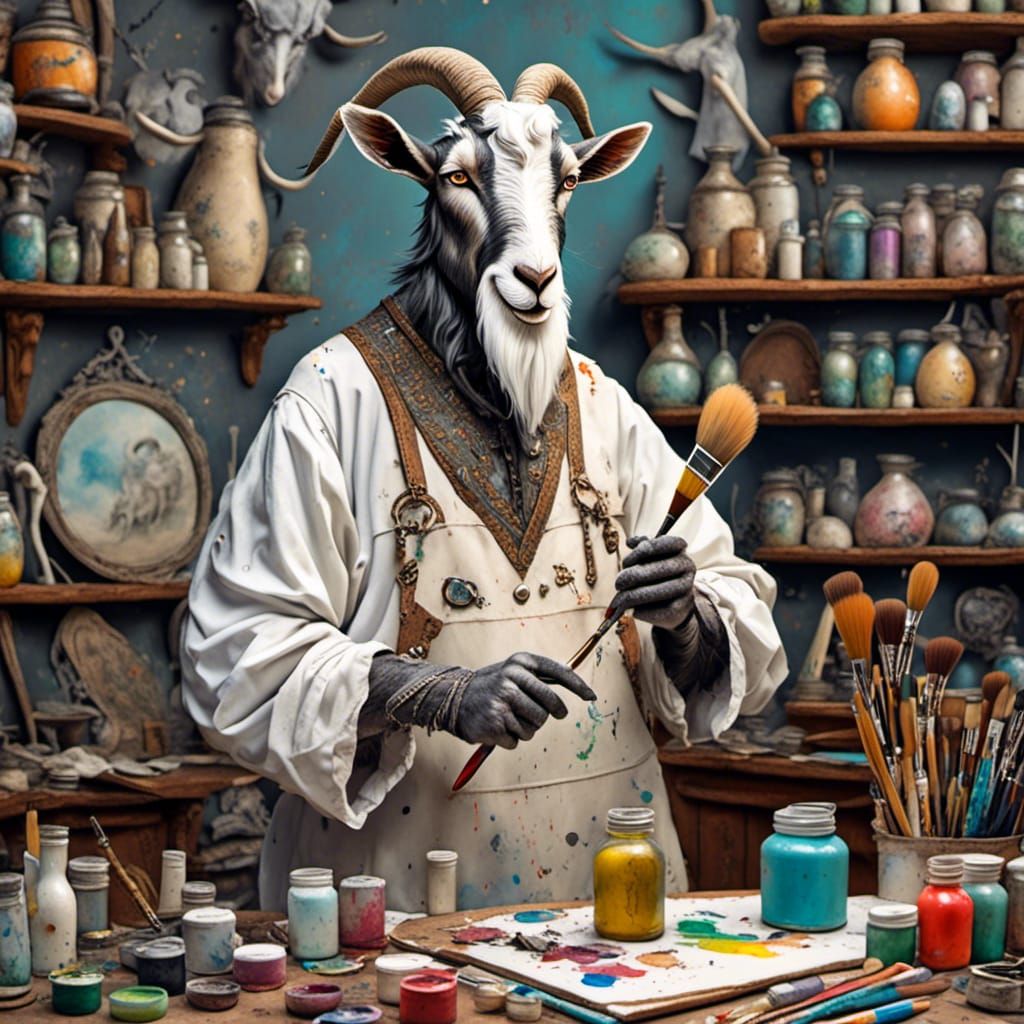 Humorous Cartoon Goat Artist in Fantasy Studio