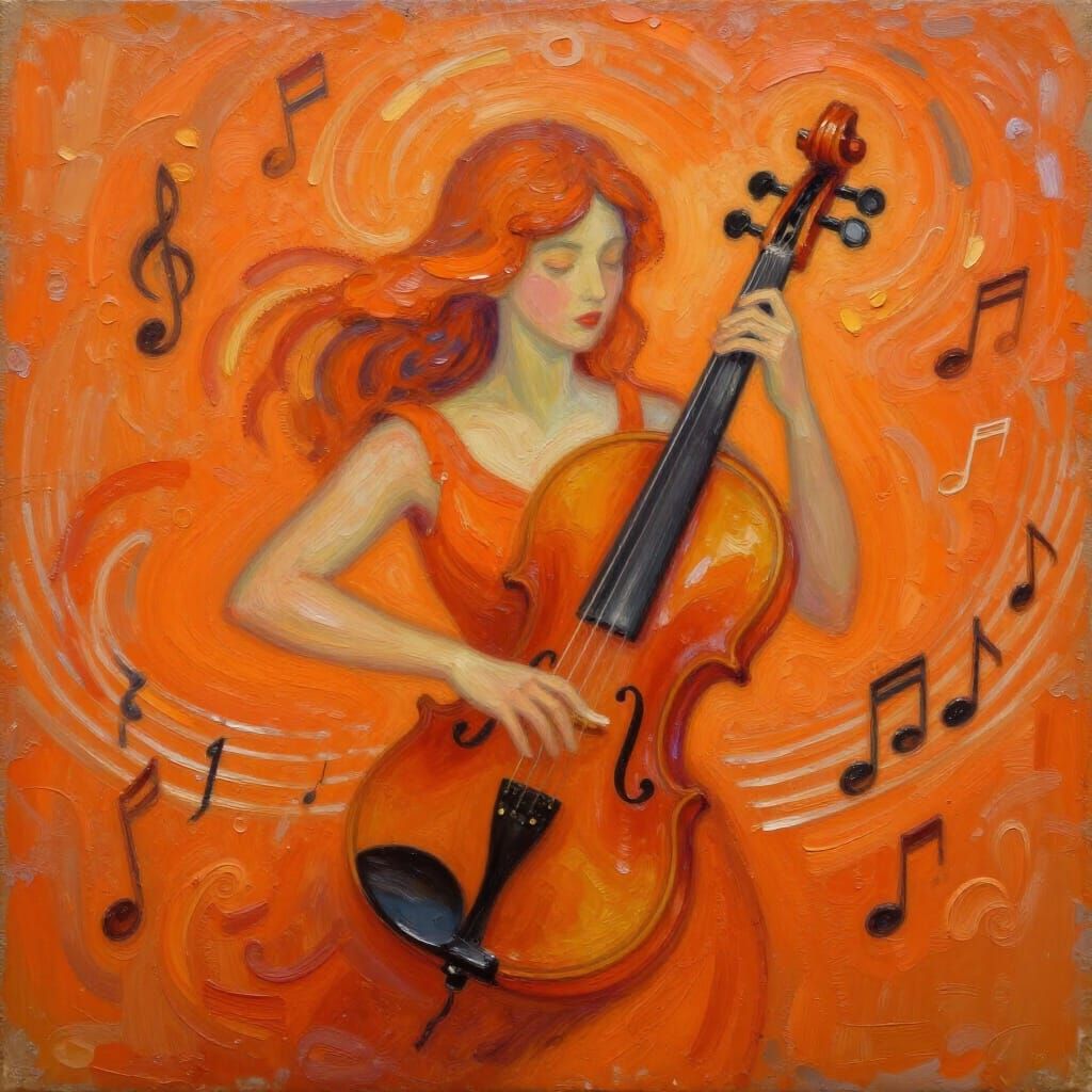 Woman Made of Violin Swirls in Vibrant Orange Impasto
