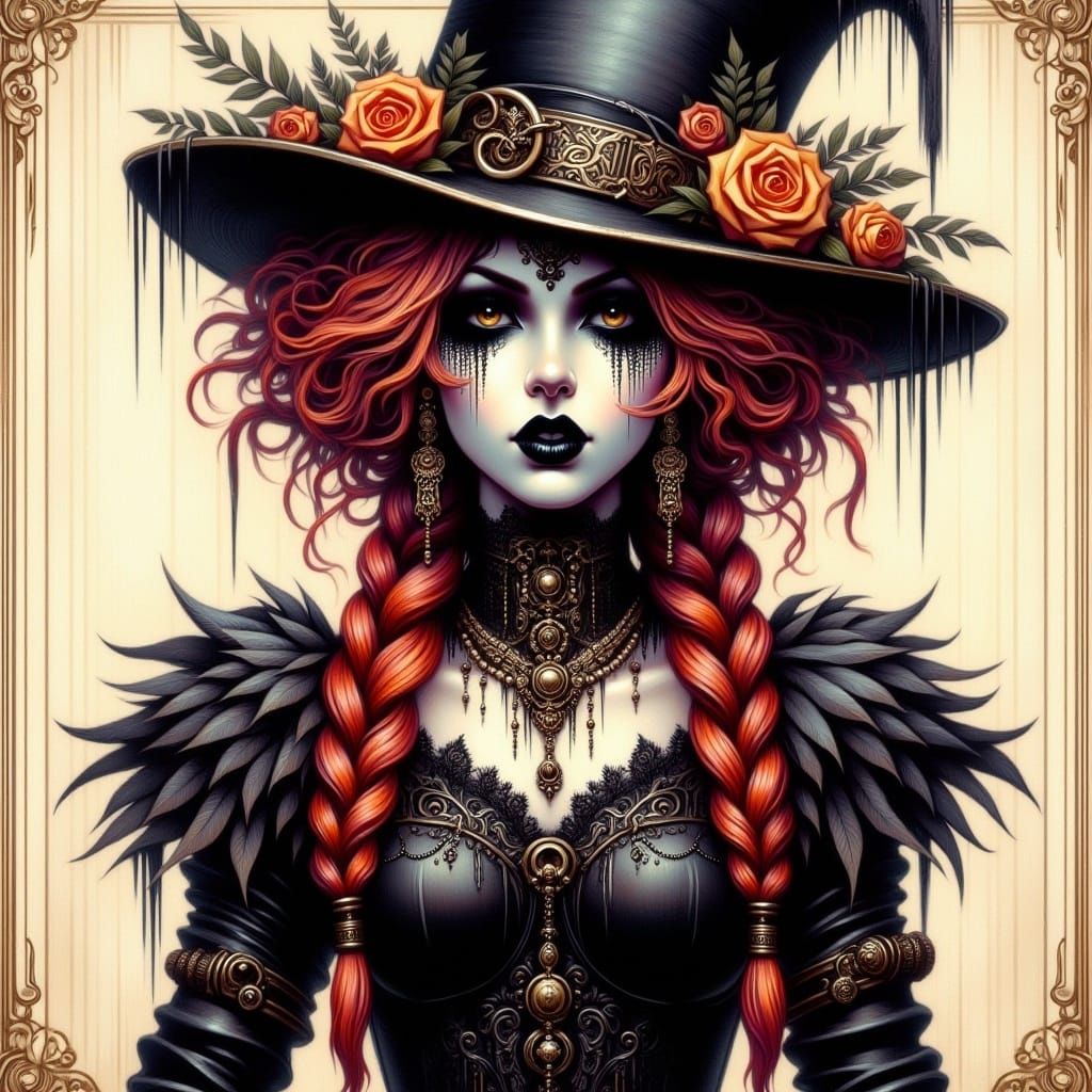 Lady Scarecrow with Red Braids in Watercolor Style