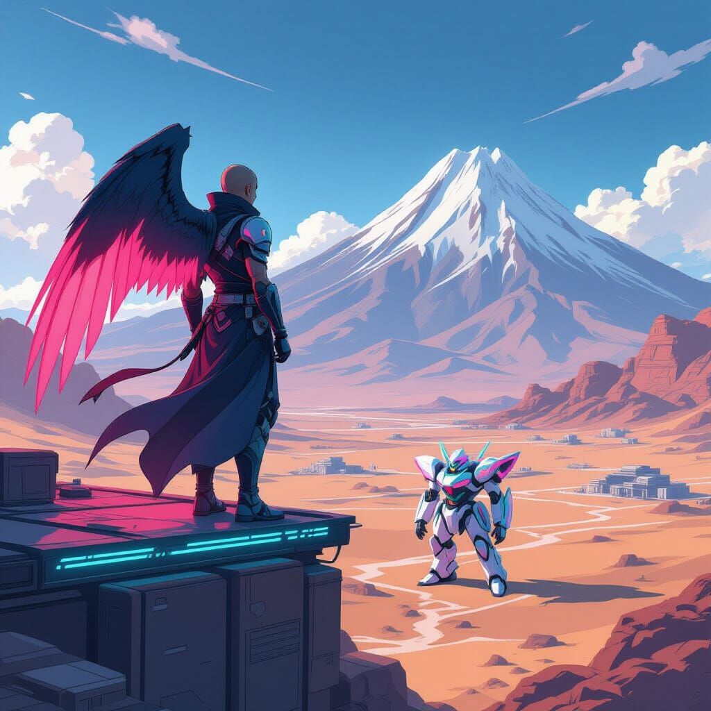 Anime Monk and Neon Mecha in Desert Landscape