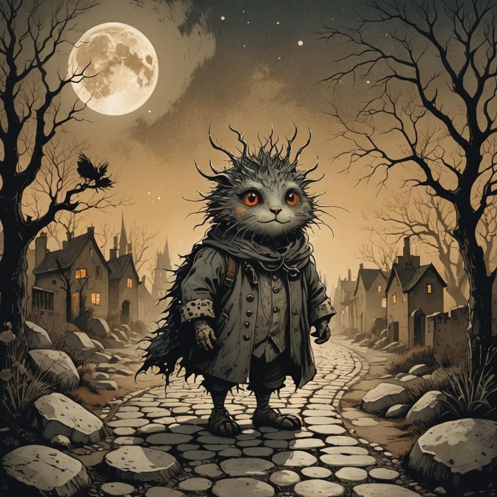 Spotted Creature Walks Under Moon in Dark Fantasy Art