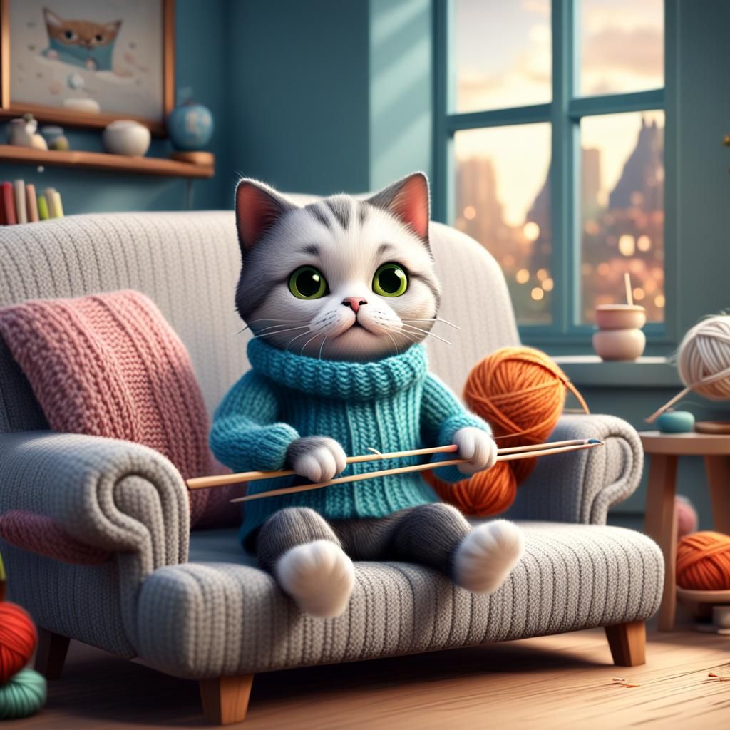 Chibi Cat Knitting in Cozy Living Room