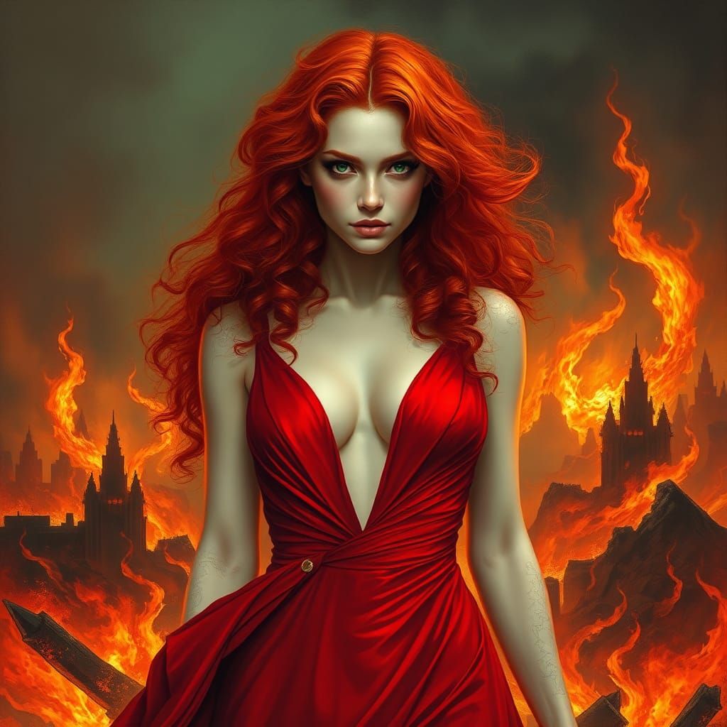 Infernal Redhead in Apocalyptic Landscape