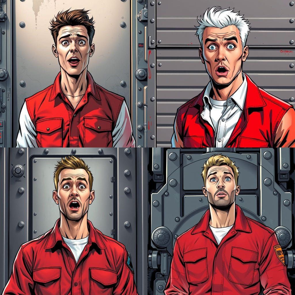 Surprised Man in Red Jumpsuit, Comic Book Art