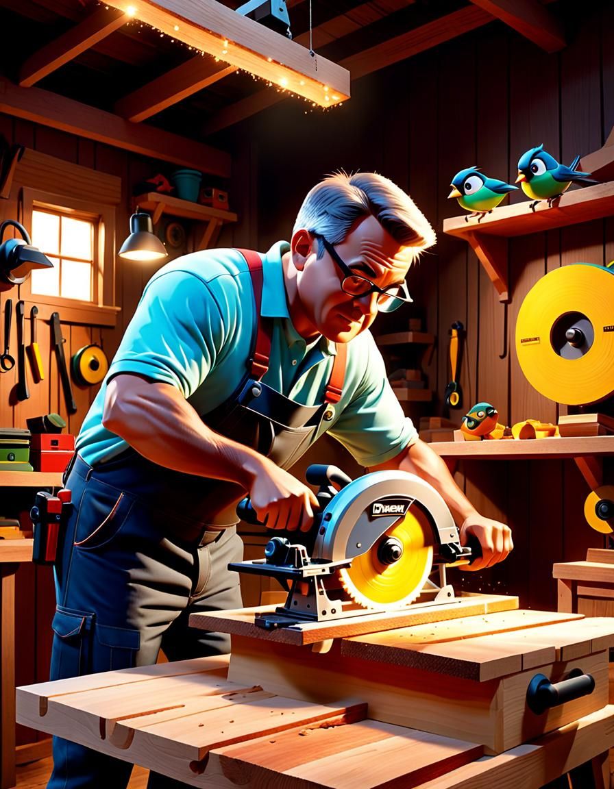Man Building Birdhouse in Disney Pixar Style