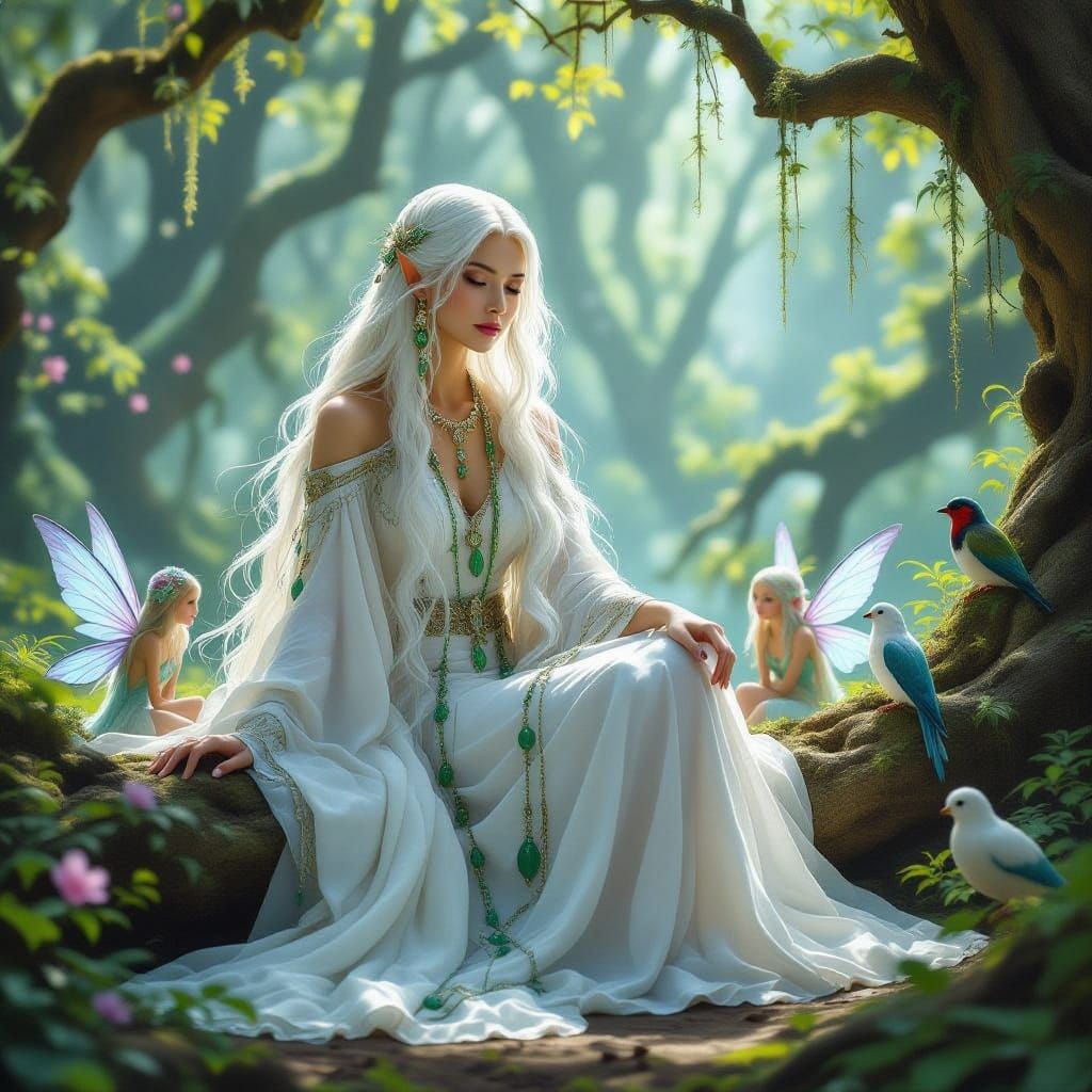 Ethereal Forest Goddess Surrounded by Whimsical Creatures