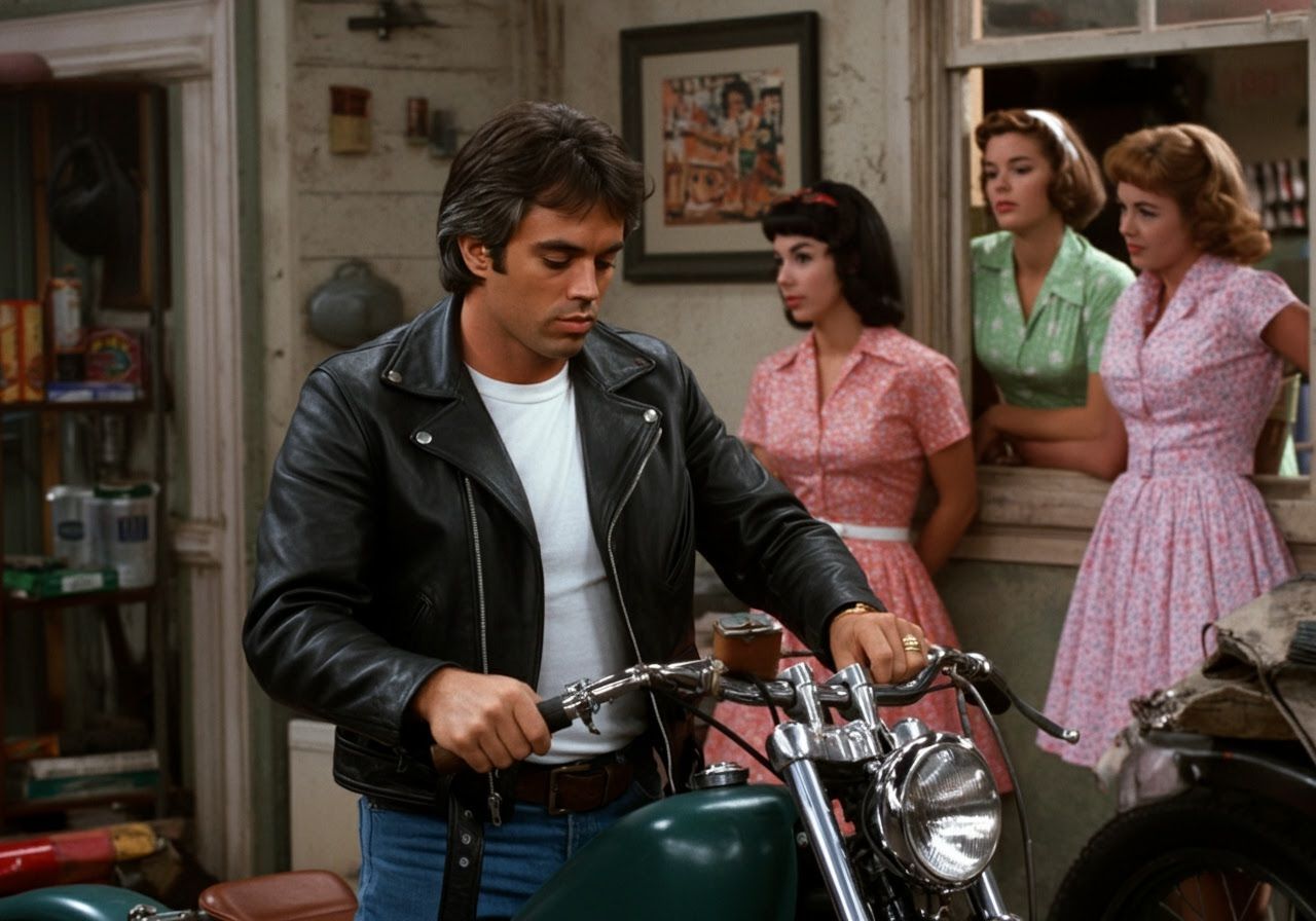 The Fonz Fixing His Motorcycle: A 1950s Scene